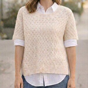 Ann Taylor Sweater Short Sleeve Open Knit Merino Alpaca Soft Fuzzy Boxy Cream M